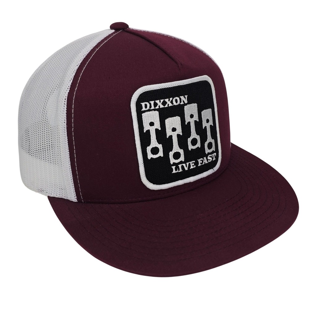 Dixxon Live Fast Piston Patch Trucker Hat OSFM Maroon White Mesh Snapback Cap